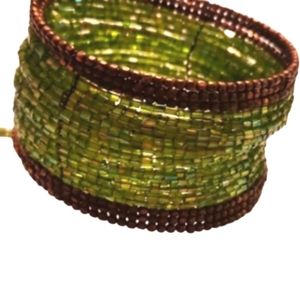 Vintage green beaded bronze beaded edge cuff